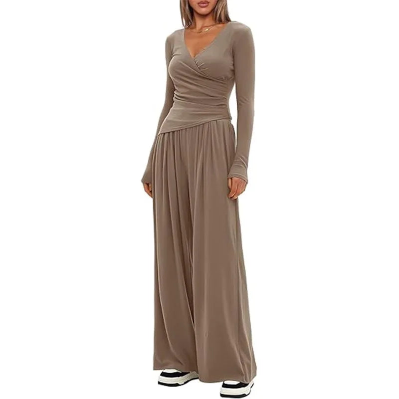 2025 autumn and winter wide leg pants set, women's long sleeved multi occasion sportswear, commuting hot selling item
