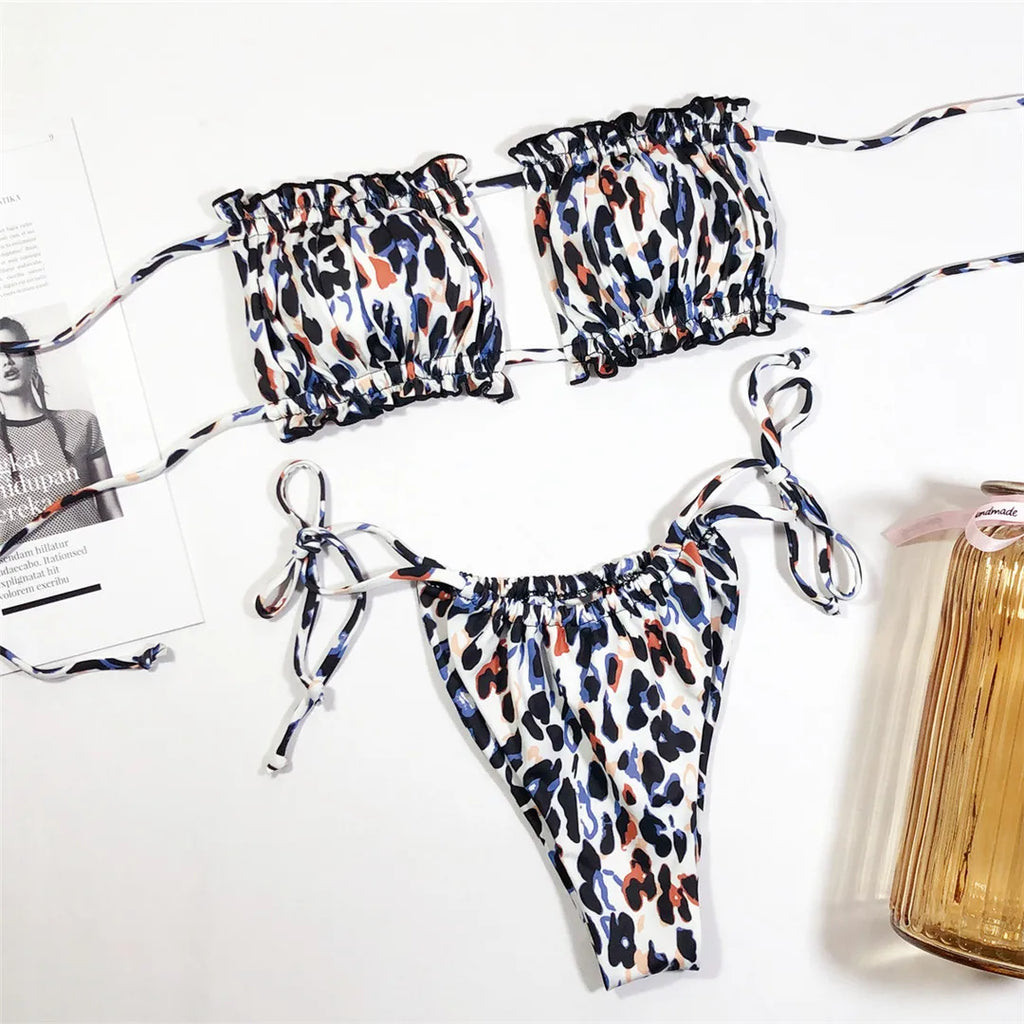 Sexy Leopard Bandeau Brazilian Bikini Swimsuit Female Swimwear Women Two-pieces Bikini set Pleated Bather Bathing Suit V1242L