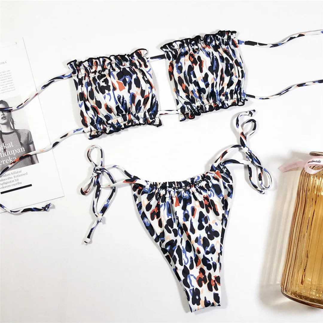 Sexy Leopard Bandeau Brazilian Bikini Swimsuit Female Swimwear Women Two-pieces Bikini set Pleated Bather Bathing Suit V1242L