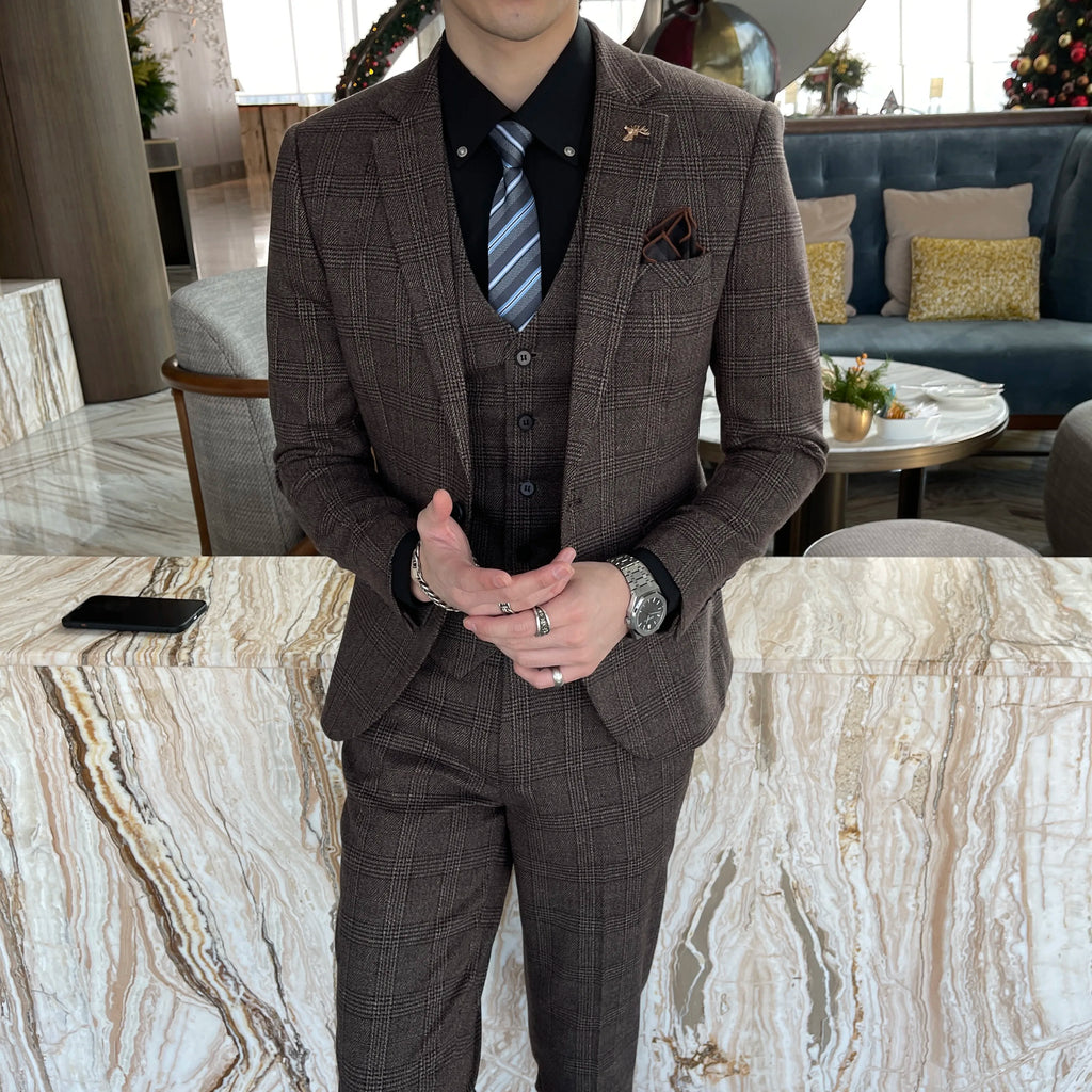British Korean Style High Quality Modified Plaid Three-Piece Suit for Men - Stylish Business Casual Suit Vest And Trousers Set