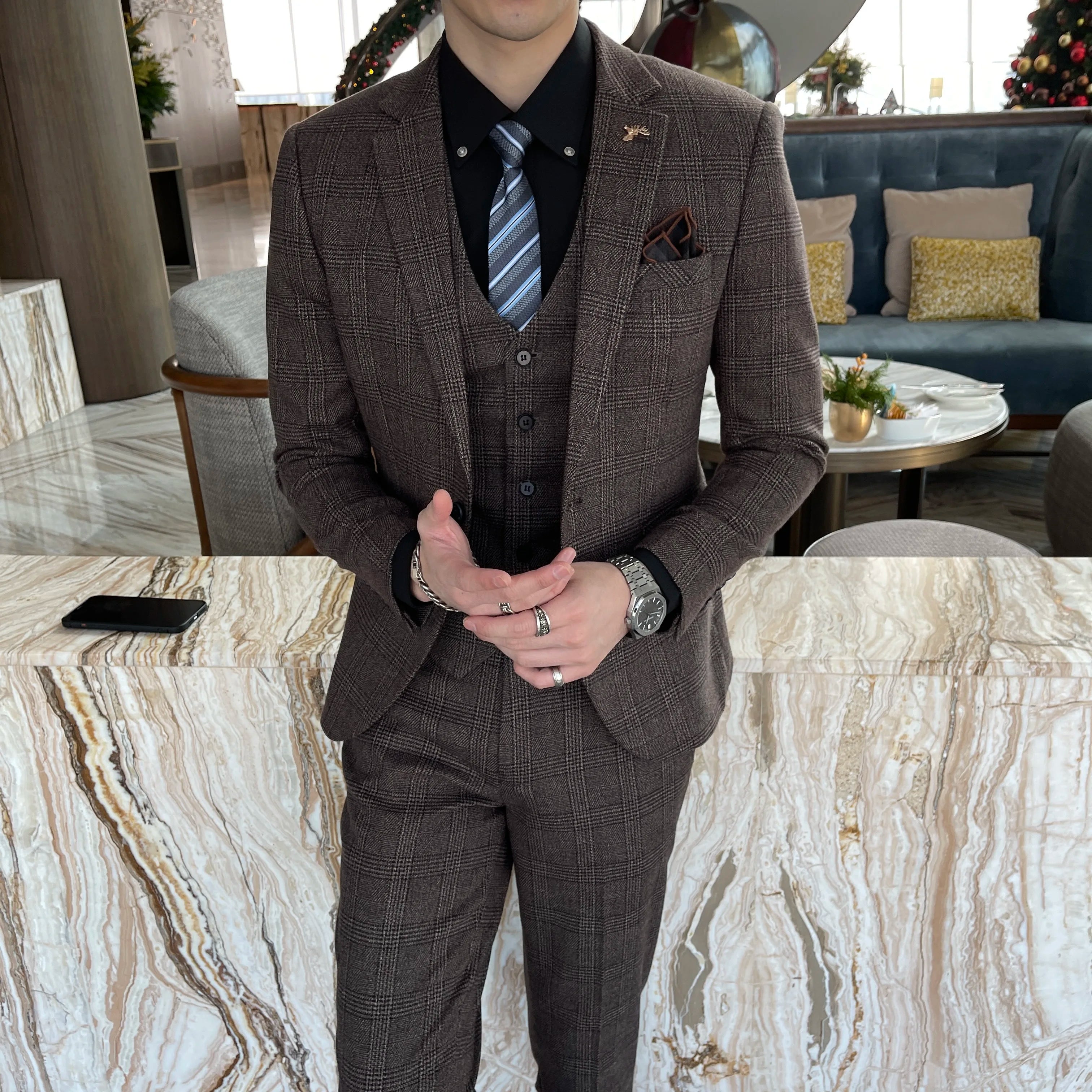 British Korean Style High Quality Modified Plaid Three-Piece Suit for Men - Stylish Business Casual Suit Vest And Trousers Set