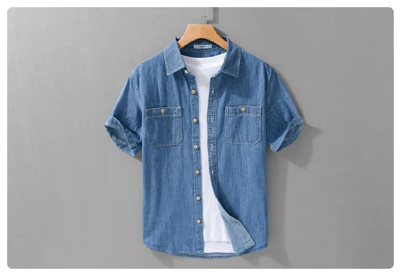 Summer New Casual Denim Short Sleeve Shirts Men Clothing Pure Cotton Slim and Thin Soft Streetwear FY9358