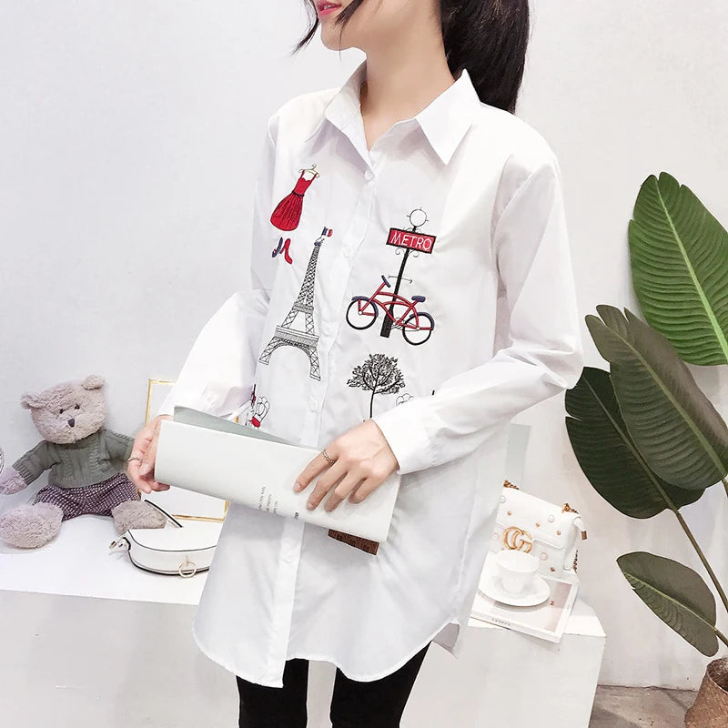 Fashion loose women's cotton embroidered shirt spring and autumn long top 5083