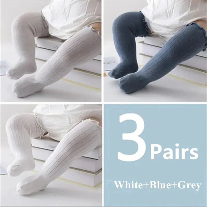 Baby Girls Lace Knee High Socks – 3 Pairs Frilly Ruffle Cotton Long Socks for Newborns & Infants