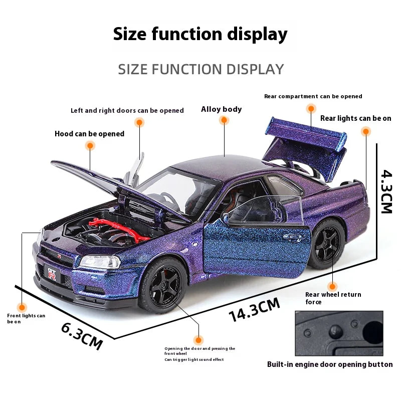 1:32 Nissan GTR R34 Skyline Street Car Version Supercar Diecast Model Car Alloy Metal Car Accessories Ornament Automobile Gifts