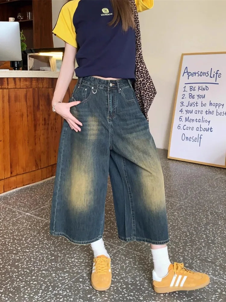 Retro Blue Wide Short Jeans Women Baggy Y2k Jorts Casual Vintage Streetwear Harajuku Korean Style Denim Shorts Basic Summer 2024