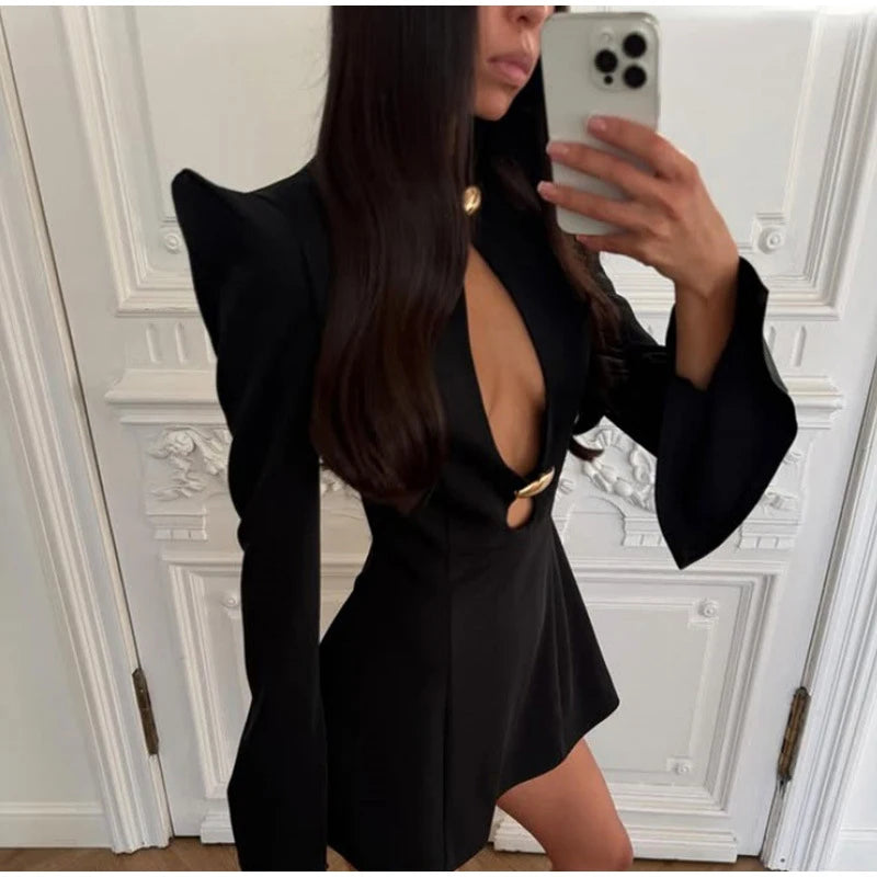 Black Hollow Out Mini A-line Dress Women Sexy Round Neck Full Sleeve Waist Cinching Short Dresses 2025 Lady Chic Party Club Robe