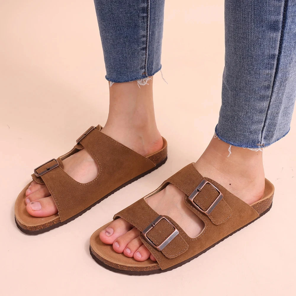 Litfun Women's Cork Footbed Sandals Classic Flat Sandals Fashion Thick Bottom Double Buckle Slides Beach Sandals With Adjustable