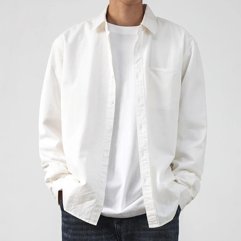 Dukeen Long-Sleeved Shirt Men's Spring and Autumn Cotton Senior Sense of Casual Solid Color White Lapel Shirt Vintage Clothes