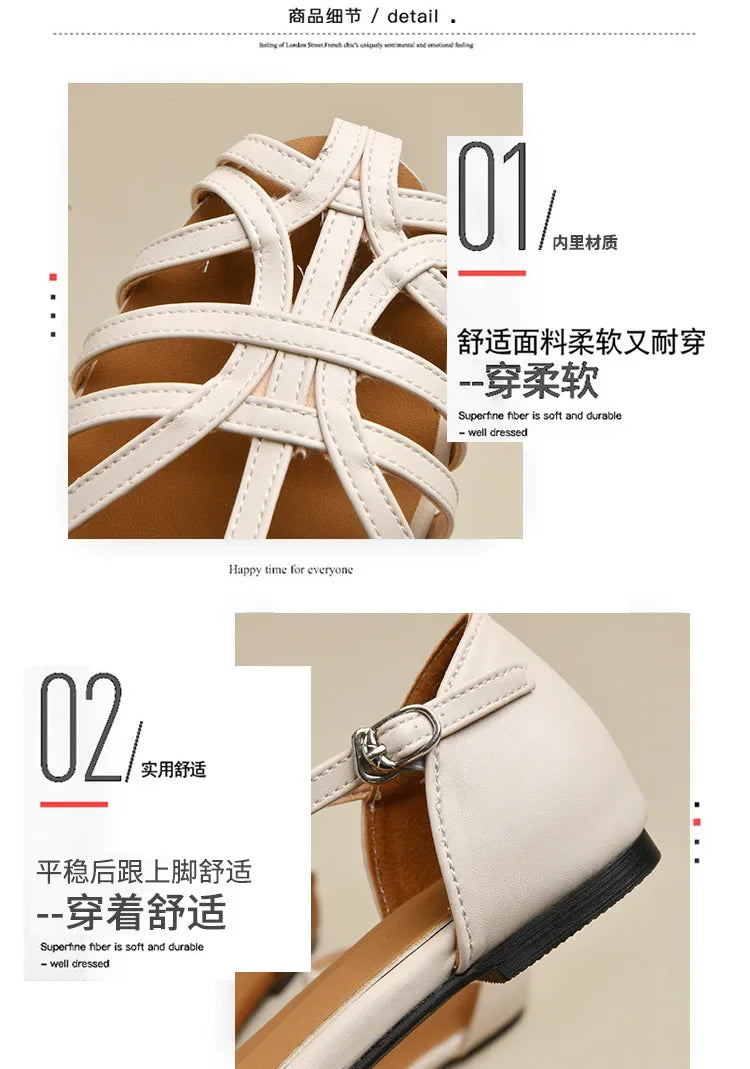 Shoes Female Sandal 2025 Women's Girls Beige New Summer Comfort Low Retro Flat Back Strap Square heel Rubber PU Scandals