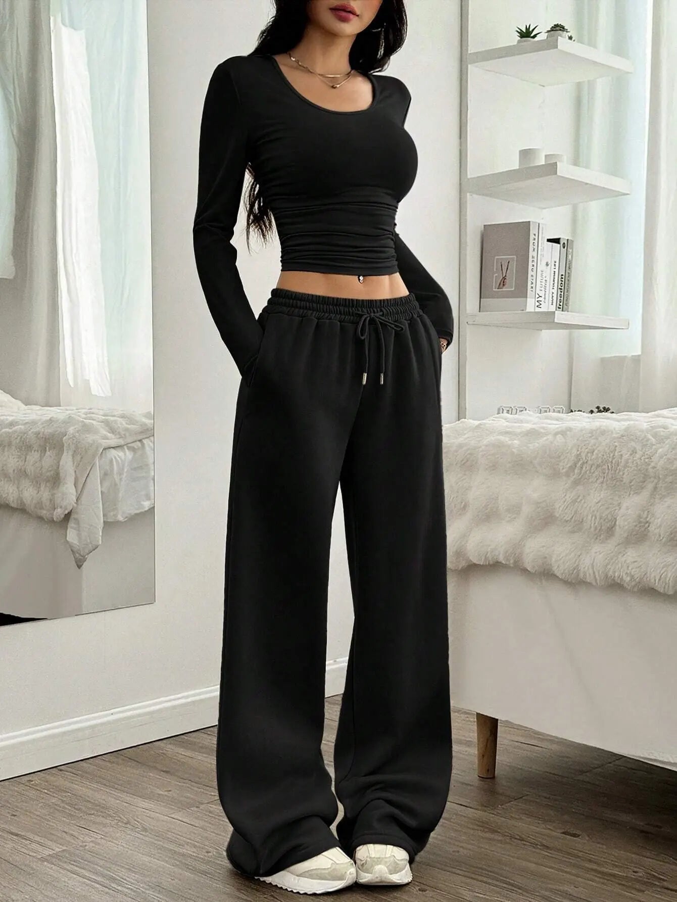 Women's Fashion Casual Wide Leg Pants Long Sleeve Crew Neck Solid Color Slim Two-piece Autumn and Winter Suit