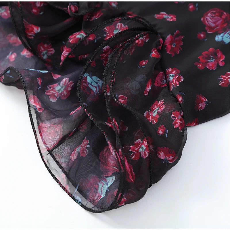 Sexy Floral Printed Mini Dress Women V-neck Flared Sleeve Waist Cinching Ruffle Bodycon Dresses 2026 Lady Party Vacation Gown