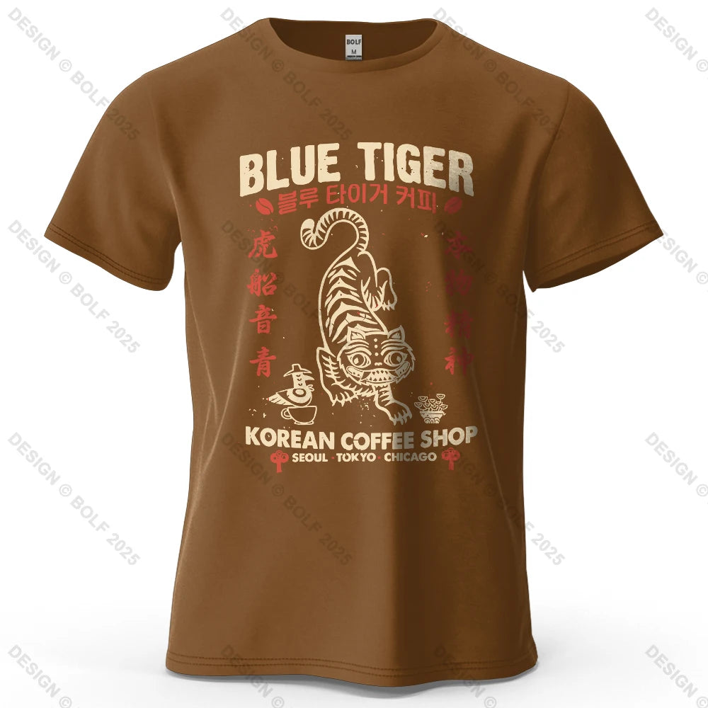 BLUE TIGER Trendy Printed Men's T-Shirt 100% Cotton Oversized Cultural Graphic Tees for Women Tops Tees Casual Streetwear