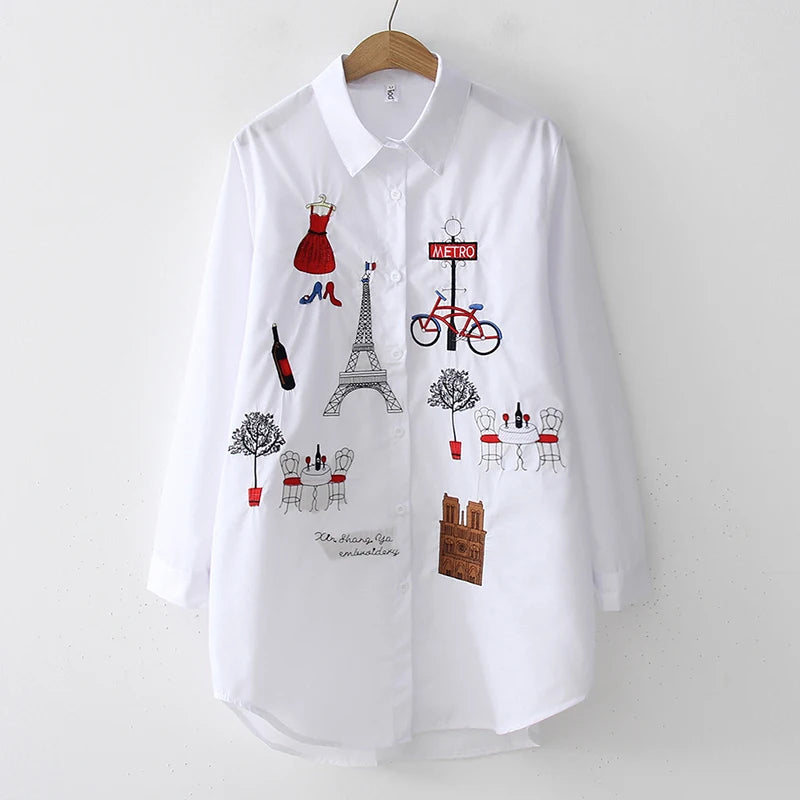 Fashion loose women's cotton embroidered shirt spring and autumn long top 5083