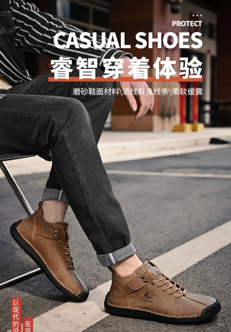 Winter New Men's Low-top Ankle Boots High Quality Hand-stitched Hook&loop Leather Casual Sneakers Classic Man Shoes Plus Size 48