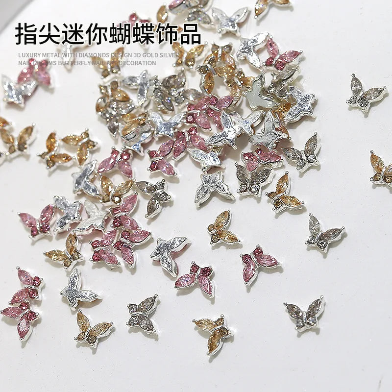10PCS 3D Mini Crystal Butterfly Nail Art Charms Jewelry Parts Accessories Luxury Alloy Nails Decoration Rhinestones Supplies