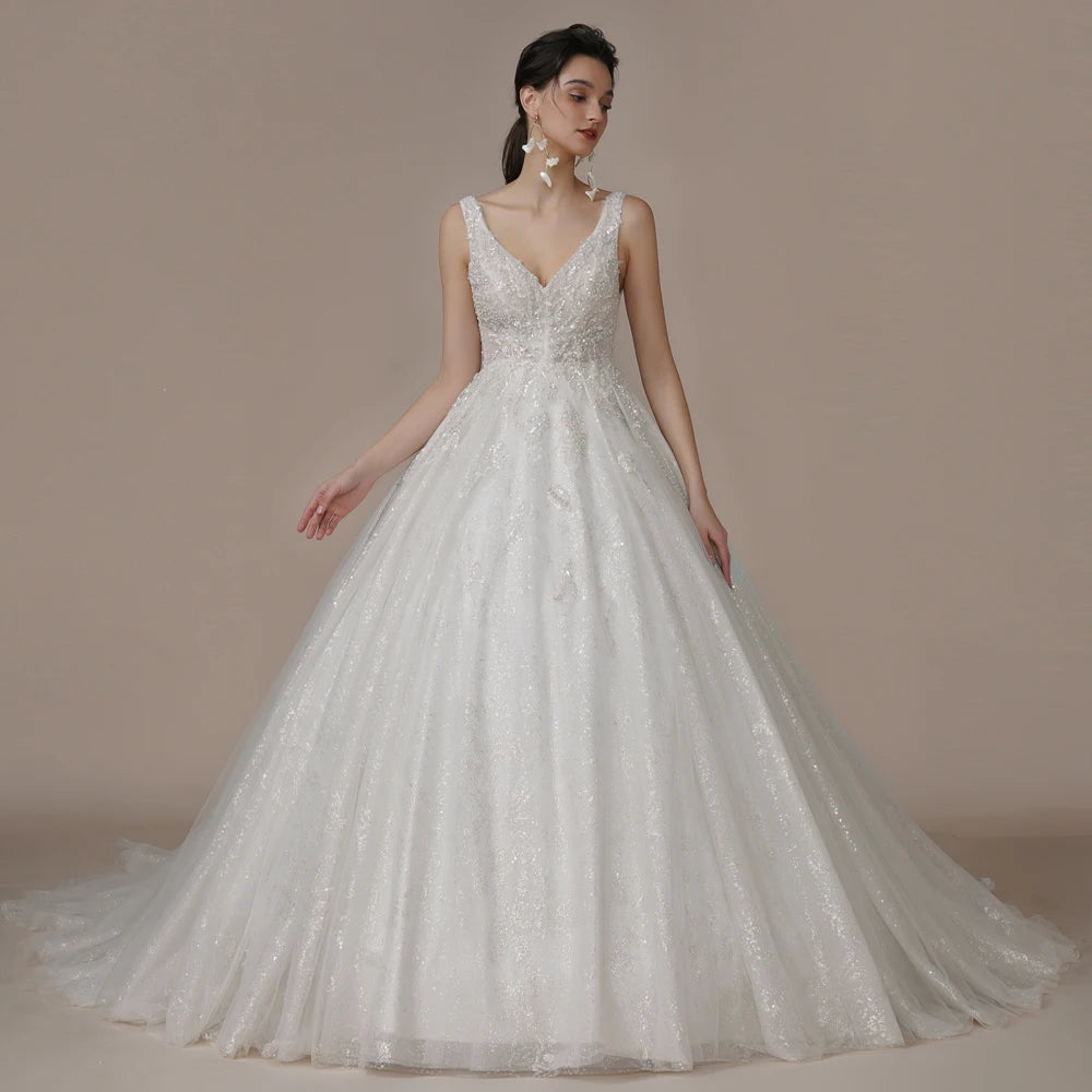 BEPEITHY Customized Luxury Strapless A Line Glitter Wedding Dresses Off The Shoulder Women Ivory Bling-Bling Bride Bridal Gown