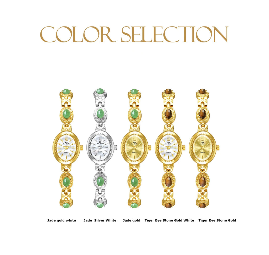 Women's Watch Natural Jade Bracelet Vintage Small Oval Dial Gold Retro Watches Luxury Brand Women Quartz Wristwatches Clock Gift