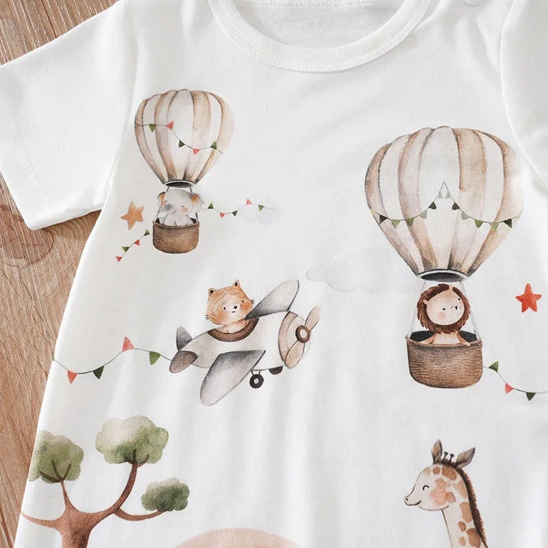 Baby Summer Animal Print Bodysuit – Short Sleeve Cute Cartoon Onesie for Boys & Girls