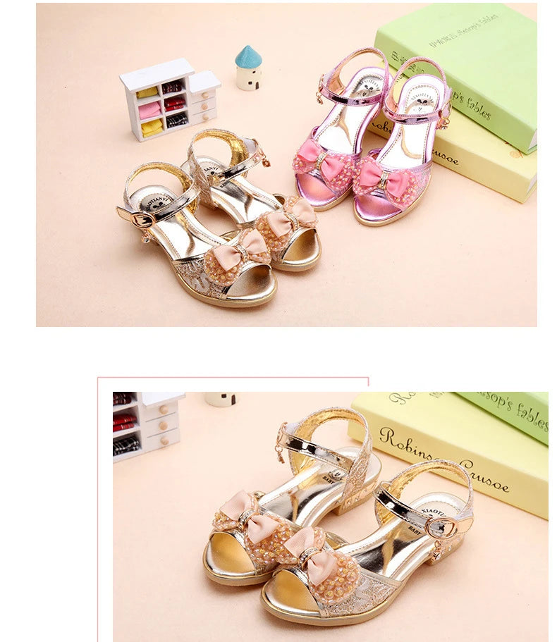 Summer Princess Children's Sandals Girls Sequins Low Heels Non-slip Shoes Fashion Bowknot Kids Beach Sandals Causal Versatile