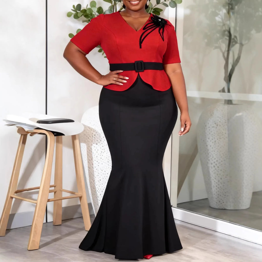 African Elegant Women Two Piece Set V Neck Short Sleeves Tops Appliques Belt Colorblock High Waist Mermaid Skirt Party Outfit