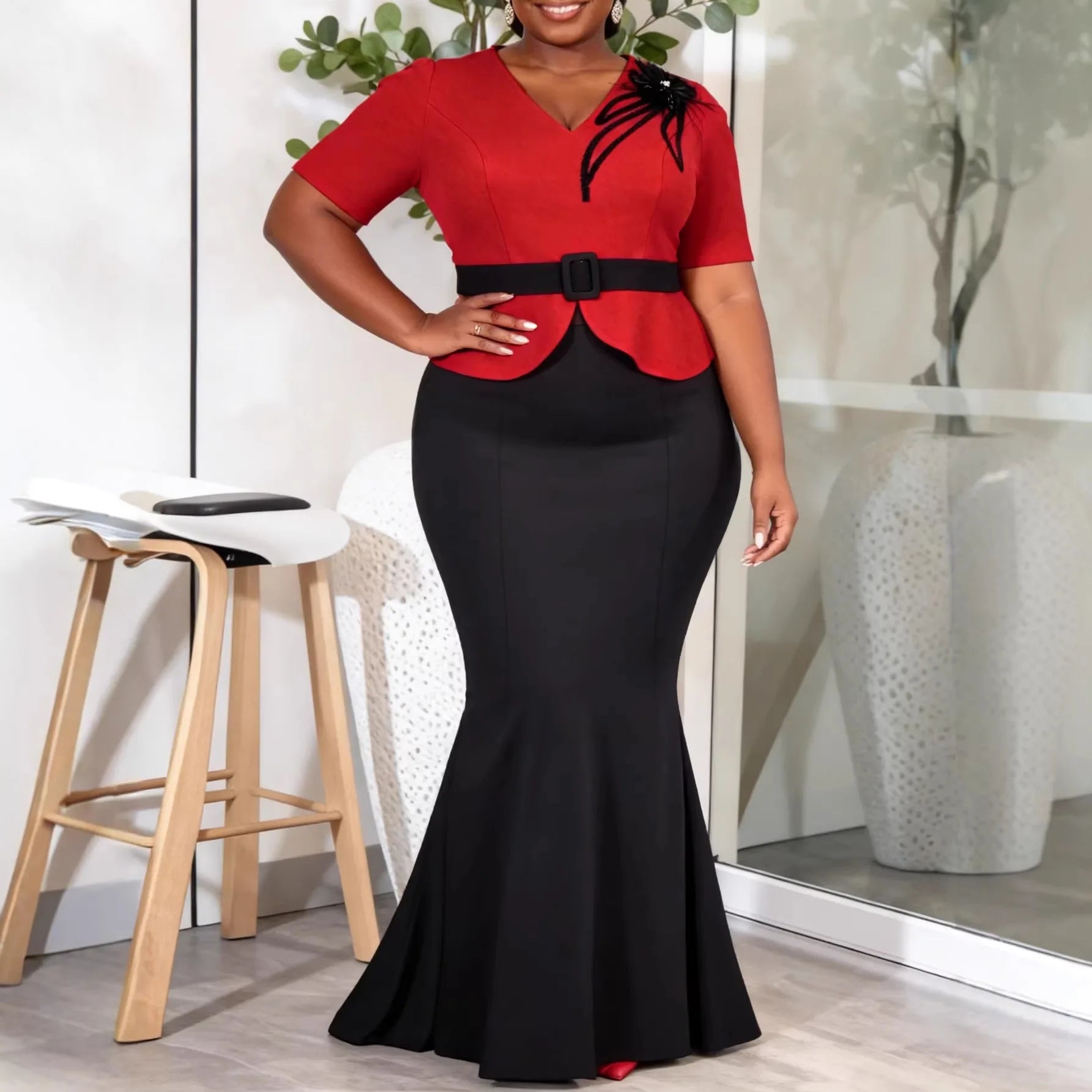 African Elegant Women Two Piece Set V Neck Short Sleeves Tops Appliques Belt Colorblock High Waist Mermaid Skirt Party Outfit