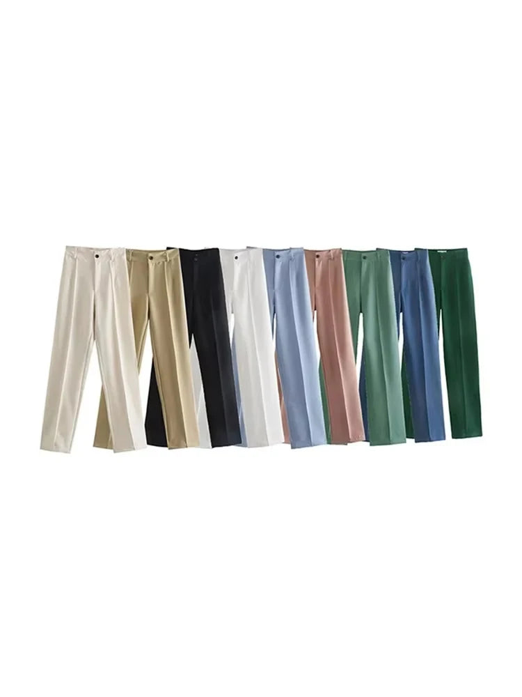 Women Chic Fashion Office Wear Straight Pants Vintage High Waist Zipper Fly Female Trousers Mujer