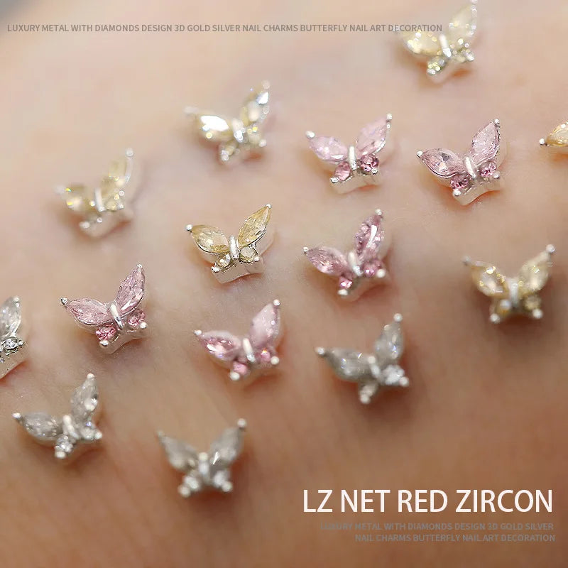10PCS 3D Mini Crystal Butterfly Nail Art Charms Jewelry Parts Accessories Luxury Alloy Nails Decoration Rhinestones Supplies