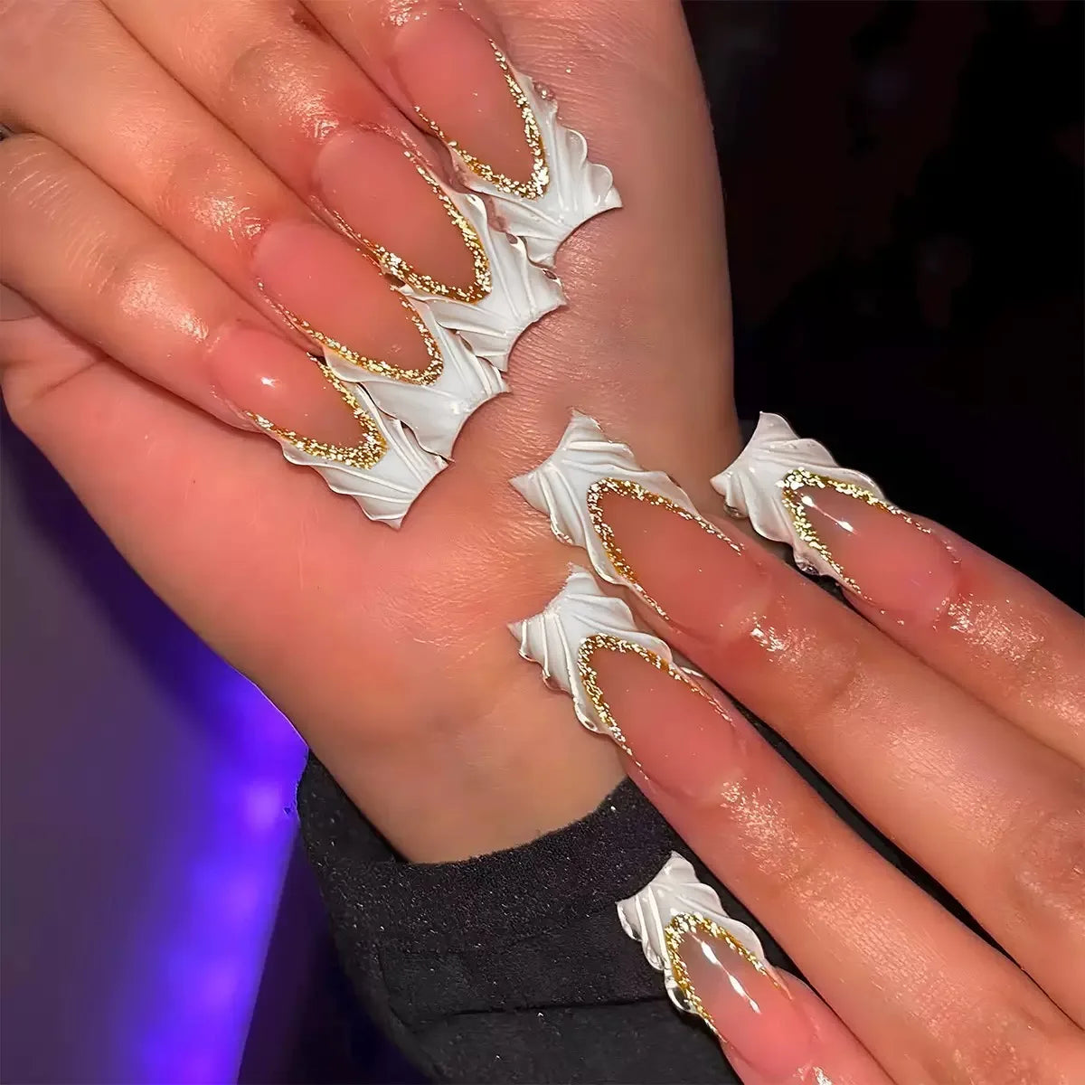 24Pcs Gold French Border False Nails Long Coffin False Nails with Rhinestones Ballerina Full Cover Nail Tips Press on Nails 2030