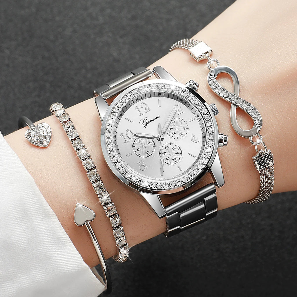 4PCS/Set Fashion Rhinestone Women's Watch Stainless Steel Band Analog Quartz Watches Bracelets Set（Without Box）