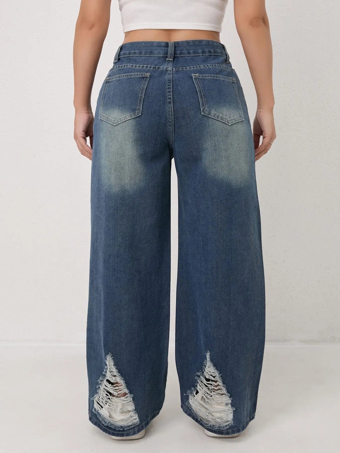 Trendy Wide Leg Distressed Straight Jeans for Women Elastic Casual Bootcut Denim Pants Bestseller Fashionable Ladies Jeans