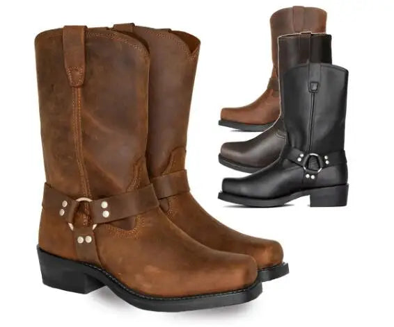 Luxury Retro Cowboy Boots Men Mid Calf Western Boot Men Pu Leather Man Slip On Shoes Winter Knight Boots Booties Plus Size 48
