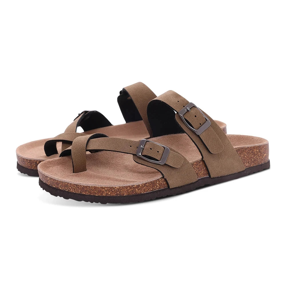 Litfun Women's Cork Footbed Sandals Classic Flat Sandals Fashion Thick Bottom Double Buckle Slides Beach Sandals With Adjustable