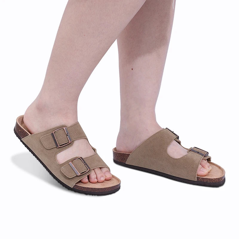 Litfun Women's Cork Footbed Sandals Classic Flat Sandals Fashion Thick Bottom Double Buckle Slides Beach Sandals With Adjustable