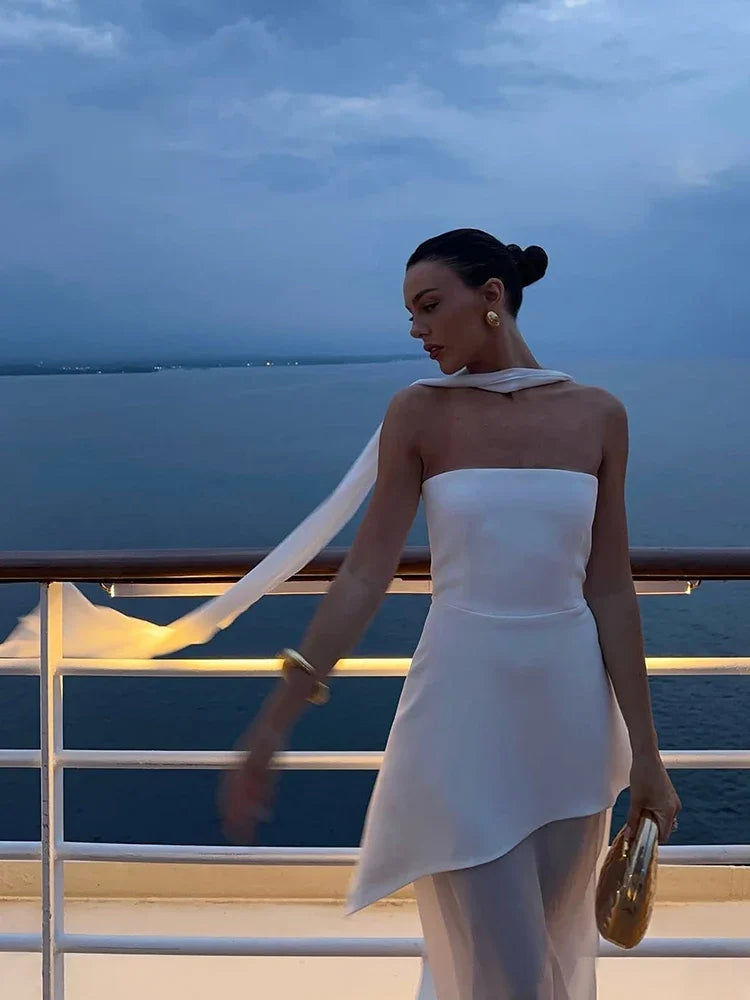 2025 New Strapless Dress With Ribbon Women's Elegant Sleeveless Mesh Beach Vacation Long Dress Spring Fashion Lady Dress