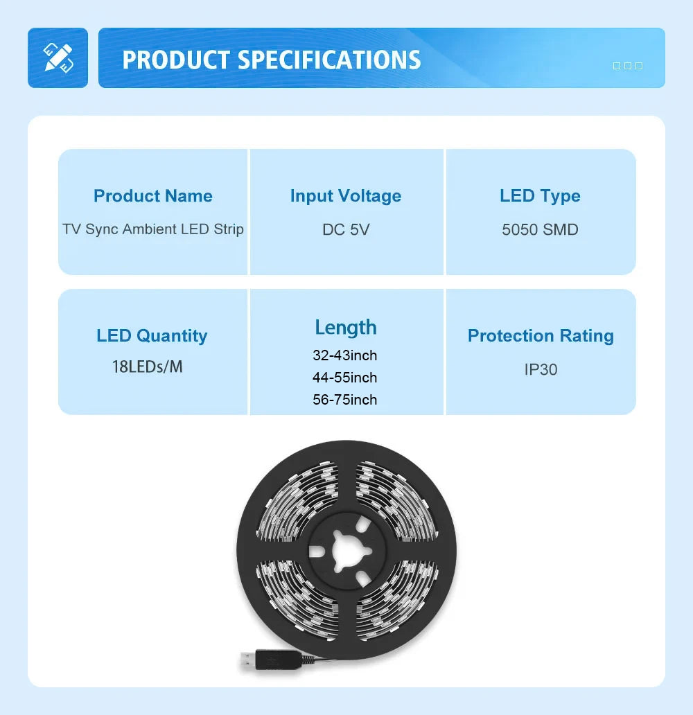 Smart Ambient Sync TV Backlight Sync Screen Color Led Strip Light USB, App Control ,Smart Phone Camera Screen Capute Technology