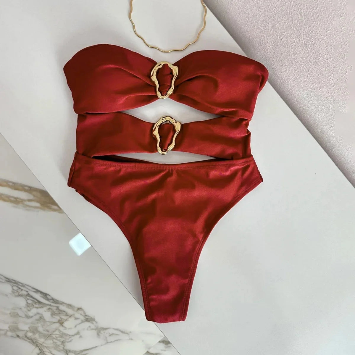 3 Colors Sexy Metal Rings Cut Out Women Swimwear One Piece Swimsuit Female Bandeau High Leg Cut Bather Bathing Suit Swim B022D - EXPRESS STORE