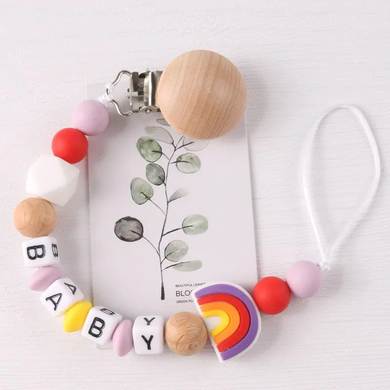 Beech Wood Clip Silicone Pacifier Chain – Baby Soother Holder & Teething Toy