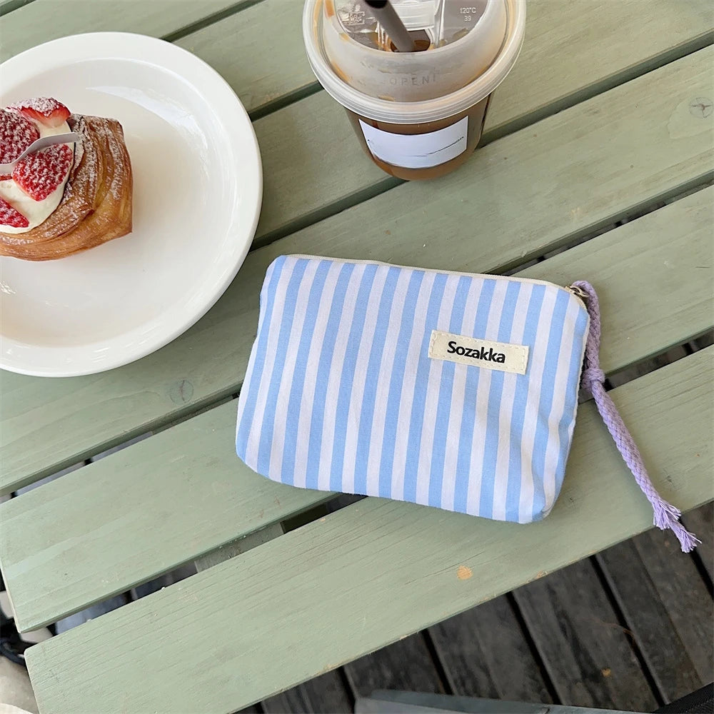 Small Cosmetic Make Up Bag Mini Canvas Striped Organizer Bags for Women Lipstick Makeup Case Children Cute Purse Coin Pouch Case
