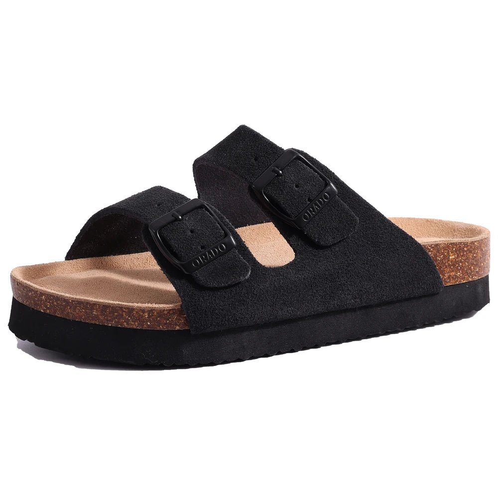 Litfun Women's Cork Footbed Sandals Classic Flat Sandals Fashion Thick Bottom Double Buckle Slides Beach Sandals With Adjustable