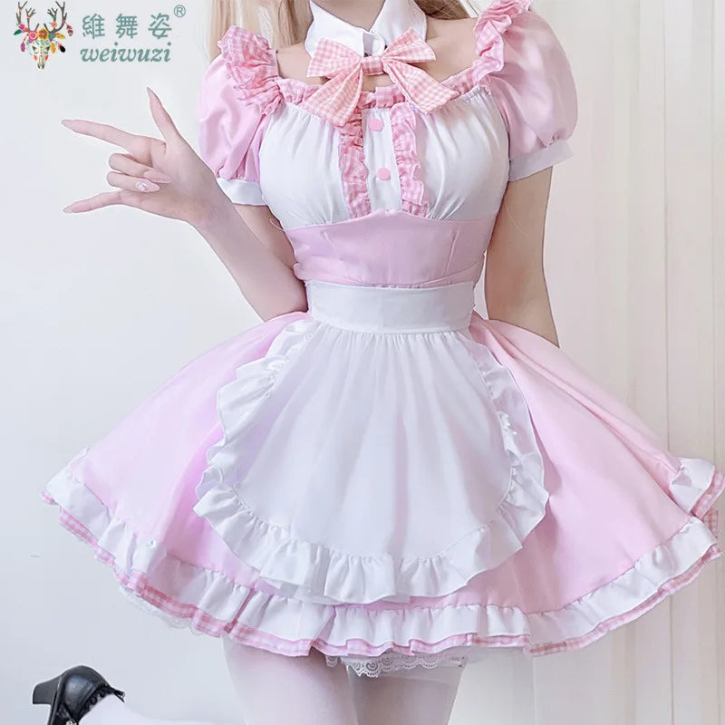 Japanese Sweet Cute Lolita Dress Maid Cosplay Costume Pink Bow Maid Dress Girl Fashion Stage Perfermance Fancy Costume Catwomen