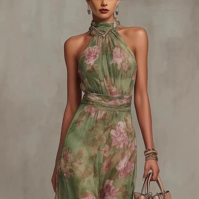 Elegant Ruched Mesh Maxi Dress – Printed Split Cami Style