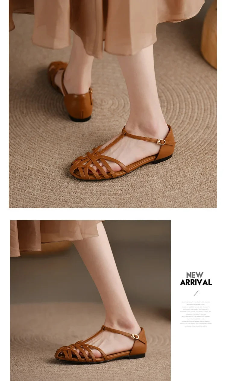 Shoes Female Sandal 2025 Women's Girls Beige New Summer Comfort Low Retro Flat Back Strap Square heel Rubber PU Scandals