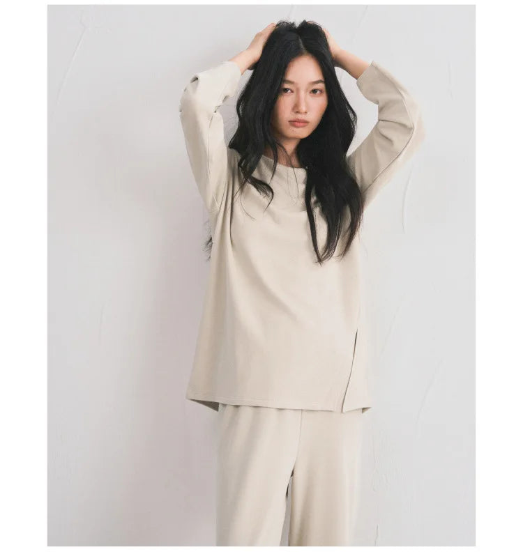 Autumn Winter Women Double-sided Brushed Pajamas T Shirt Pant Two Piece Set for home