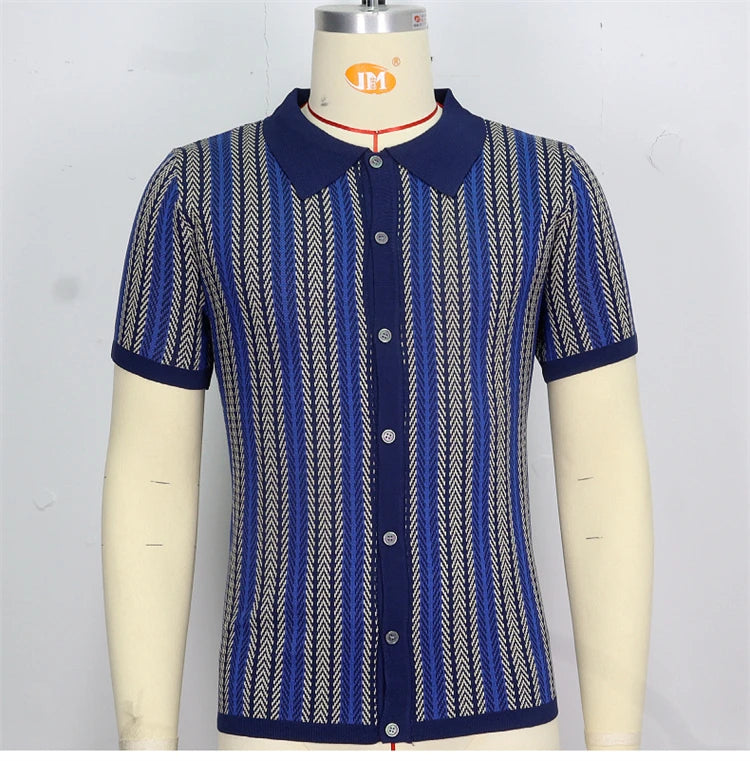 High End Jacquard Striped Polo Shirts For Men Short Sleeve Elastic Summer Quality Viscose Knitted Smart Casual Camisas De Hombre