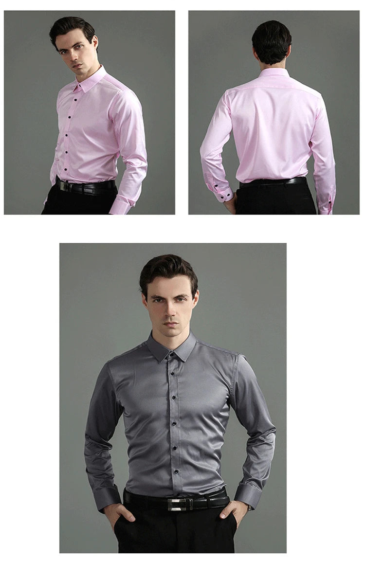Plus Size 7XL 6XL High Elasticity Seamless Spandex Shirt Men Long Sleeve Slim Fit Casual Solid Color Social Formal Dress Shirts