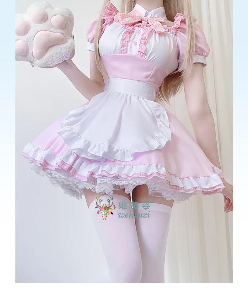 Japanese Sweet Cute Lolita Dress Maid Cosplay Costume Pink Bow Maid Dress Girl Fashion Stage Perfermance Fancy Costume Catwomen