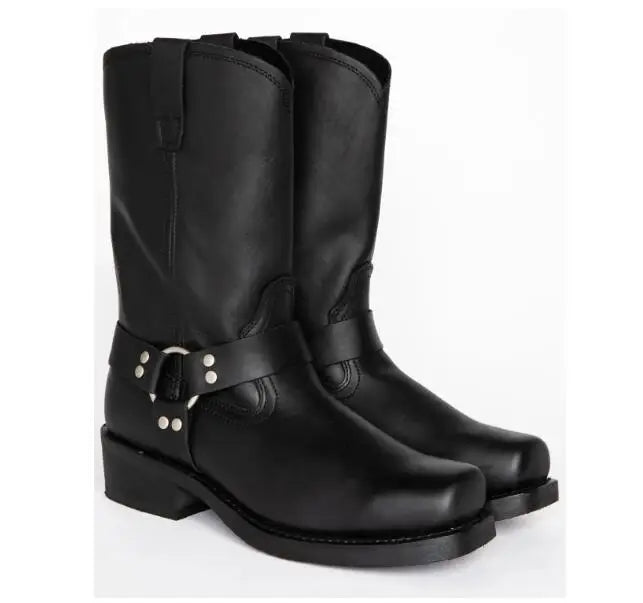 Luxury Retro Cowboy Boots Men Mid Calf Western Boot Men Pu Leather Man Slip On Shoes Winter Knight Boots Booties Plus Size 48