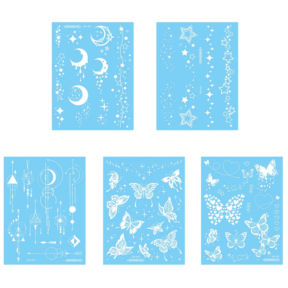 5pcs Blue Luminous Glow Waterproof Temporary Tattoo Sticker Moon Star Heart  Line Flash Tato Women Men Arm Body Art Fake Tattoos