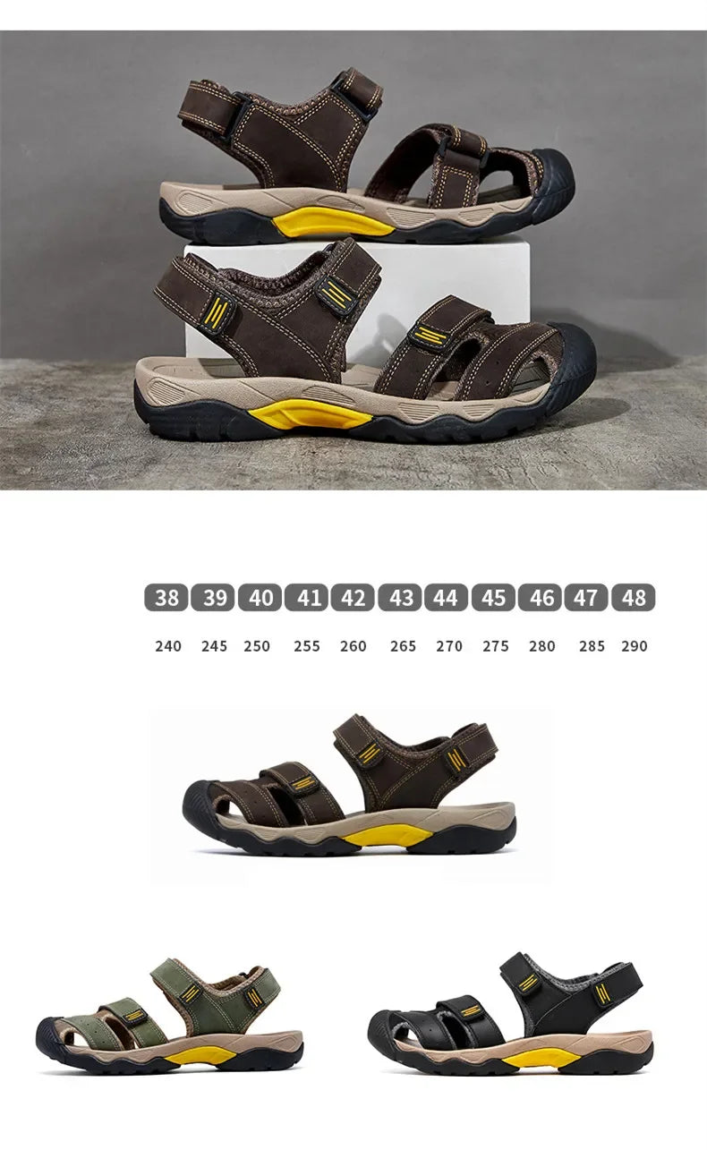 Summer Genuine Leather Men's Sandals Classic Breathable Slip-On Sandals Men Outdoor Casual Beach Sandals Sneakers Plus Size 48